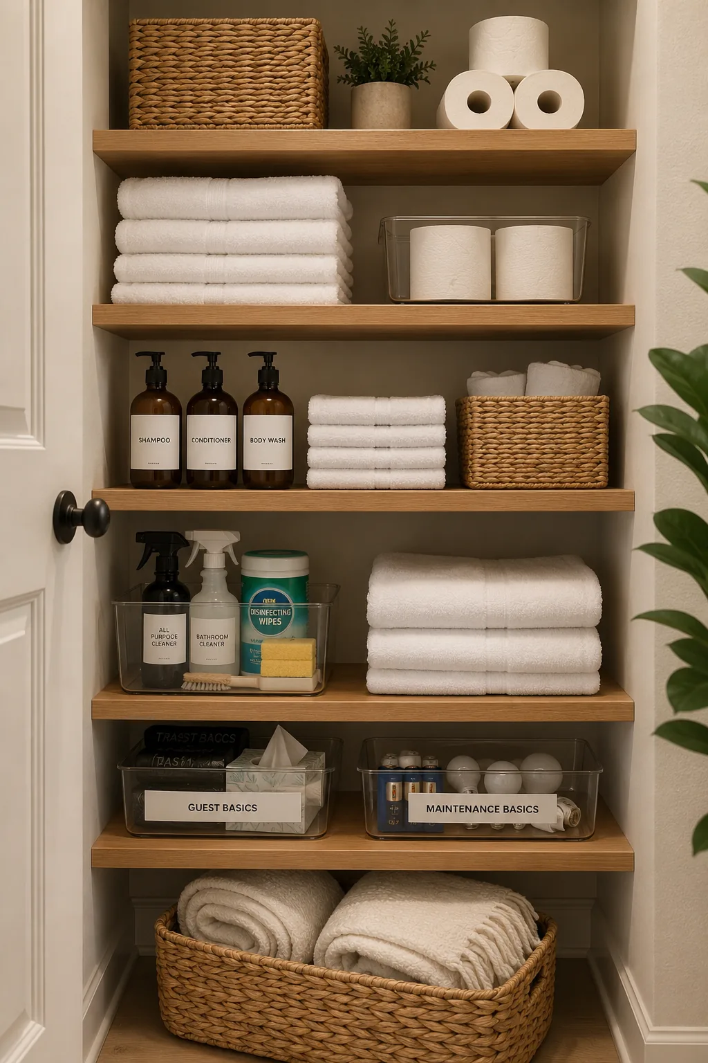 An organized supply closet with guest essentials, cleaning supplies, batteries, and light bulbs prepared in advance